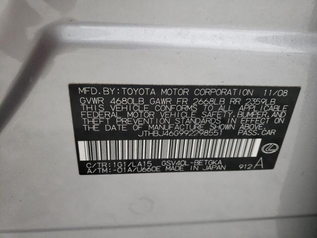 Продажа на аукционе авто 2009 Lexus Es 350, vin: JTHBJ46G992298551, номер лота: 45096203