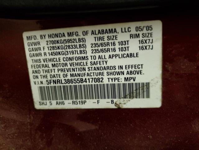 Aukcja sprzedaży 2005 Honda Odyssey Exl, vin: 5FNRL38655B417082, numer aukcji: 44885703