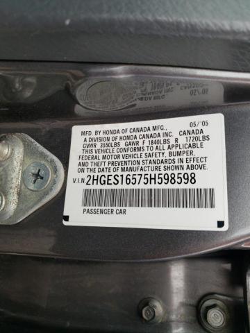 Продаж на аукціоні авто 2005 Honda Civic Lx, vin: 2HGES16575H598598, номер лоту: 46309073