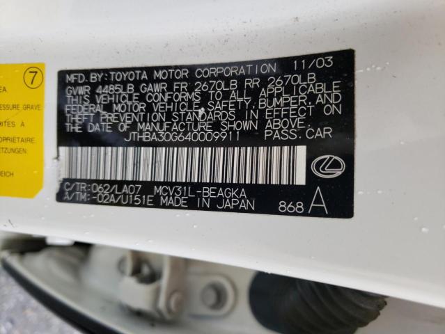 Aukcja sprzedaży 2004 Lexus Es 330, vin: JTHBA30G640009911, numer aukcji: 44837703