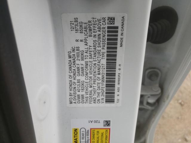 2022 Honda Civic Touring მანქანა იყიდება აუქციონზე, vin: 2HGFE1F96NH311217, აუქციონის ნომერი: 46537063