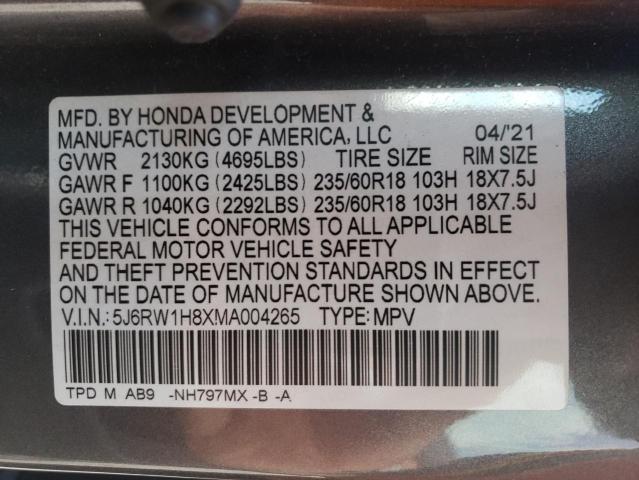 2021 Honda Cr-v Exl მანქანა იყიდება აუქციონზე, vin: 5J6RW1H8XMA004265, აუქციონის ნომერი: 47221013