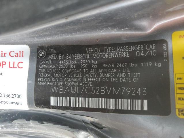 2011 Bmw 128 I მანქანა იყიდება აუქციონზე, vin: WBAUL7C52BVM79243, აუქციონის ნომერი: 47415203