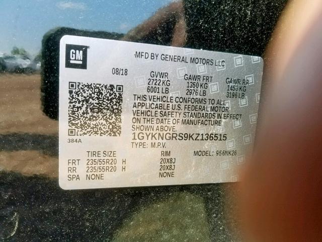 43194859 :رقم المزاد ، 1GYKNGRS9KZ136515 vin ، 2019 Cadillac Xt5 Platin مزاد بيع