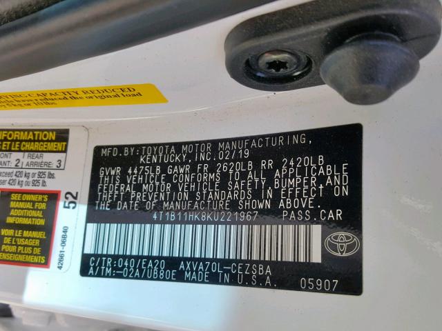 Продаж на аукціоні авто 2019 Toyota Camry L, vin: 4T1B11HK8KU221967, номер лоту: 43766249