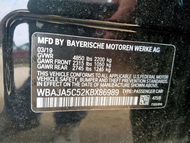 2019 Bmw 530 I მანქანა იყიდება აუქციონზე, vin: WBAJA5C52KBX86989, აუქციონის ნომერი: 49123269