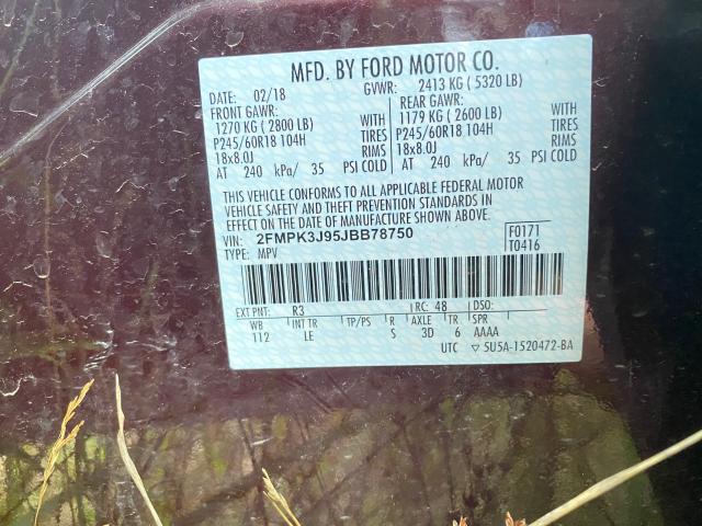 44020580 :رقم المزاد ، 2FMPK3J95JBB78750 vin ، 2018 Ford Edge Sel مزاد بيع