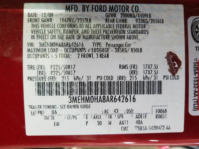 Продаж на аукціоні авто 2010 Mercury Milan, vin: 3MEHM0HA8AR642616, номер лоту: 49382240