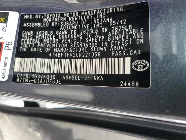2012 Toyota Camry Base მანქანა იყიდება აუქციონზე, vin: 4T4BF1FK3CR224058, აუქციონის ნომერი: 39194374