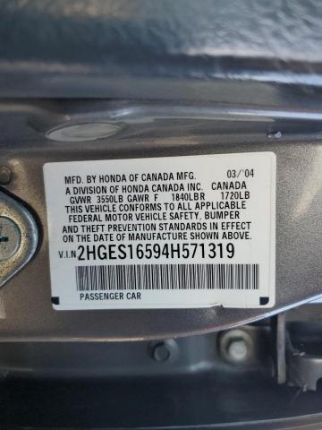 2004 Honda Civic Lx მანქანა იყიდება აუქციონზე, vin: 2HGES16594H571319, აუქციონის ნომერი: 82991583