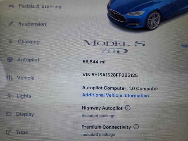 Продажа на аукционе авто 2015 Tesla Model S 70d, vin: 5YJSA1S28FF085125, номер лота: 40146634