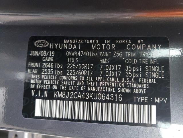 38425344 :رقم المزاد ، KM8J2CA43KU064316 vin ، 2019 Hyundai Tucson Se مزاد بيع