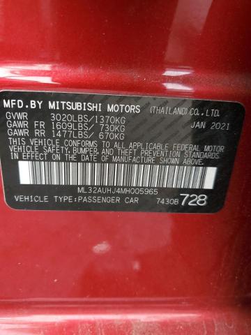 38446164 :رقم المزاد ، ML32AUHJ4MH005965 vin ، 2021 Mitsubishi Mirage Es مزاد بيع