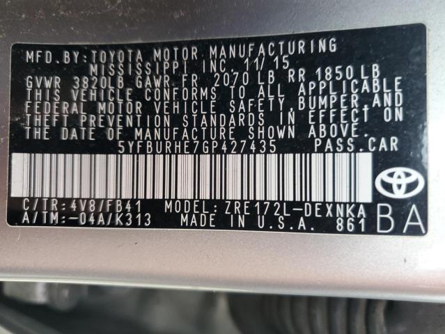 Продаж на аукціоні авто 2016 Toyota Corolla L, vin: 5YFBURHE7GP427435, номер лоту: 39574254