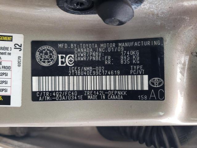 2009 Toyota Corolla Base მანქანა იყიდება აუქციონზე, vin: 2T1BU40E99C174619, აუქციონის ნომერი: 37233184