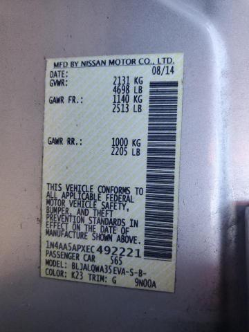 2014 Nissan Maxima S მანქანა იყიდება აუქციონზე, vin: 1N4AA5APXEC492221, აუქციონის ნომერი: 39259094