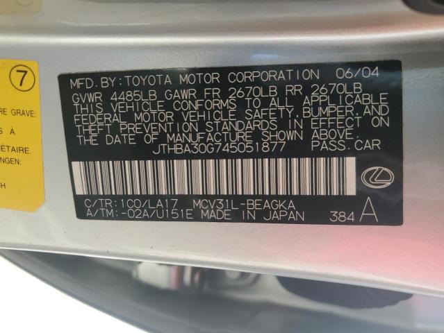 2004 Lexus Es 330 მანქანა იყიდება აუქციონზე, vin: JTHBA30G745051877, აუქციონის ნომერი: 37892424
