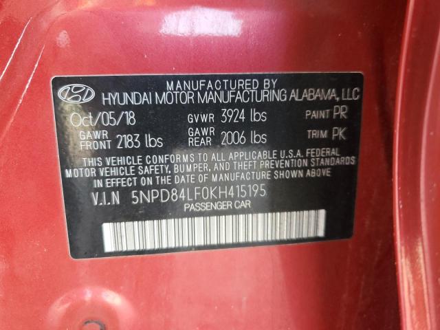 2019 Hyundai Elantra Sel მანქანა იყიდება აუქციონზე, vin: 5NPD84LF0KH415195, აუქციონის ნომერი: 37002904