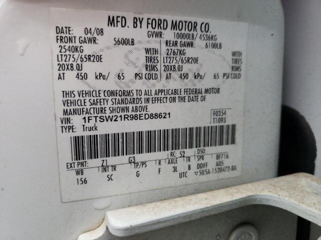 2008 Ford F250 მანქანა იყიდება აუქციონზე, vin: 1FTSW21R98ED88621, აუქციონის ნომერი: 88956335