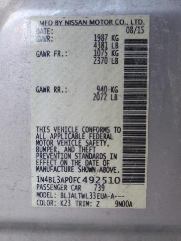 Aukcja sprzedaży 2015 Nissan Altima, vin: 1N4BL3AP0FC492510, numer aukcji: 87894765