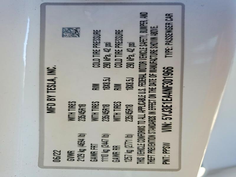 Aukcja sprzedaży 2022 Tesla Model 3, vin: 5YJ3E1EA4NF301966, numer aukcji: 75438855