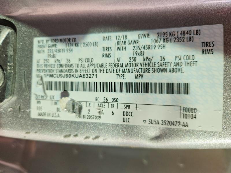 Aukcja sprzedaży 2019 Ford Escape Tit, vin: 1FMCU9J90KUA63271, numer aukcji: 74926915