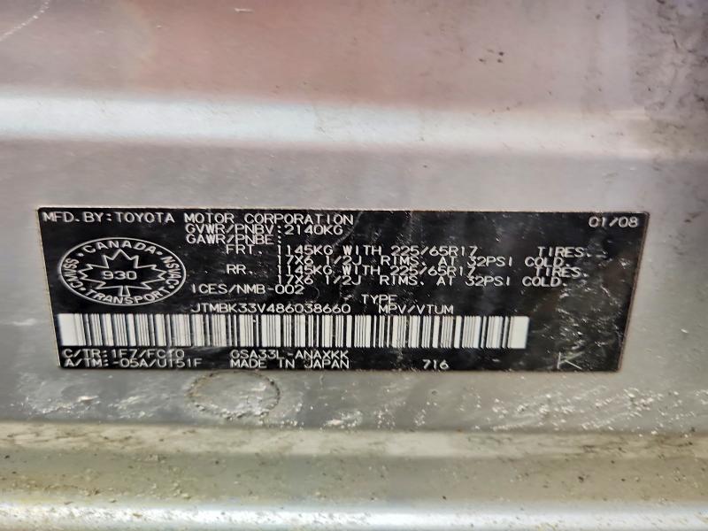 Aukcja sprzedaży 2008 Toyota Rav4, vin: JTMBK33V486038660, numer aukcji: 74578455
