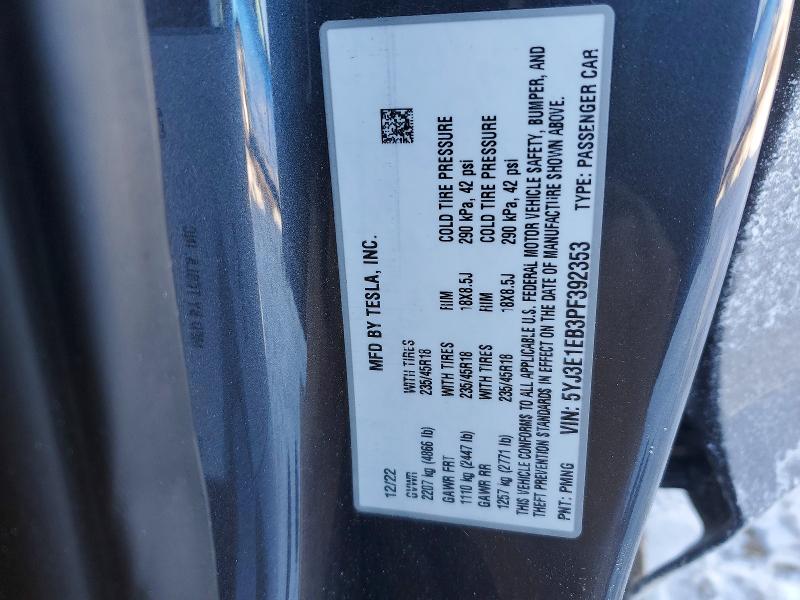 74465235 :رقم المزاد ، 5YJ3E1EB3PF392353 vin ، 2023 Tesla Model 3 مزاد بيع