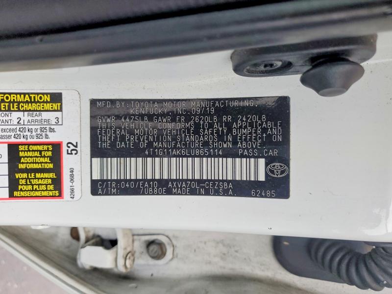 97194745 :رقم المزاد ، 4T1G11AK6LU865114 vin ، 2020 Toyota Camry مزاد بيع