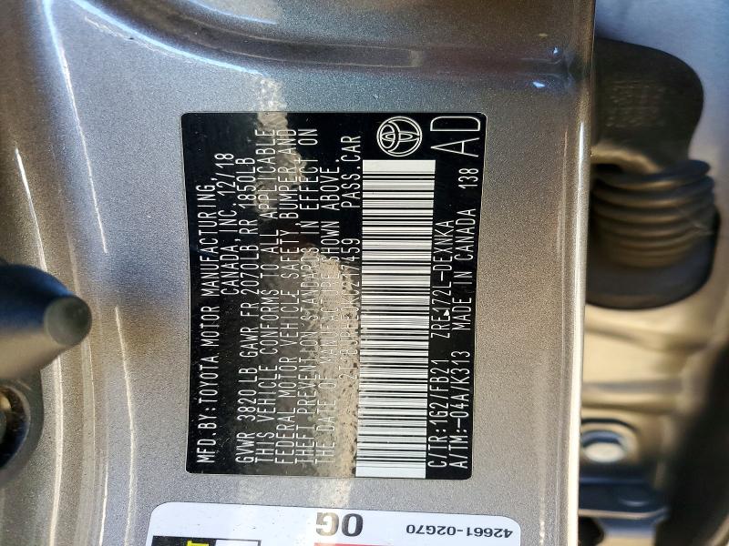 72432375 :رقم المزاد ، 2T1BURHE0KC217459 vin ، 2019 Toyota Corolla مزاد بيع