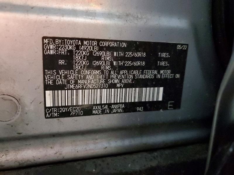 72390805 :رقم المزاد ، JTME6RFV2ND527310 vin ، 2022 Toyota Rav4 مزاد بيع