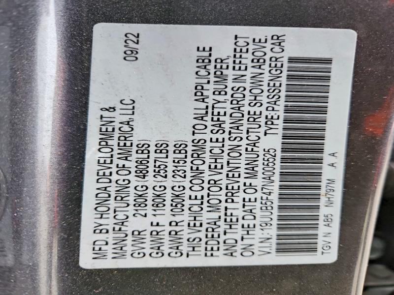 2022 Acura Tlx მანქანა იყიდება აუქციონზე, vin: 19UUB5F47NA005525, აუქციონის ნომერი: 99508335