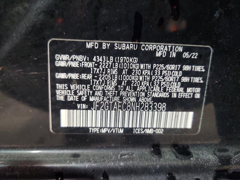 2022 Subaru Crosstrek მანქანა იყიდება აუქციონზე, vin: JF2GTAEC8NH283398, აუქციონის ნომერი: 72989765