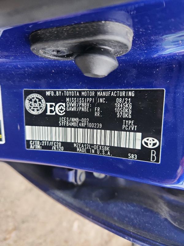 Продажа на аукционе авто 2022 Toyota Corolla, vin: 5YFB4MBE4NP100239, номер лота: 72346695