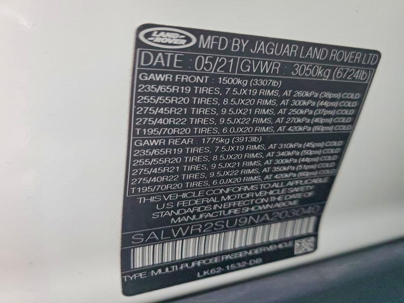 Aukcja sprzedaży 2022 Land Rover Range Rover Sport, vin: SALWR2SU9NA203040, numer aukcji: 75095895