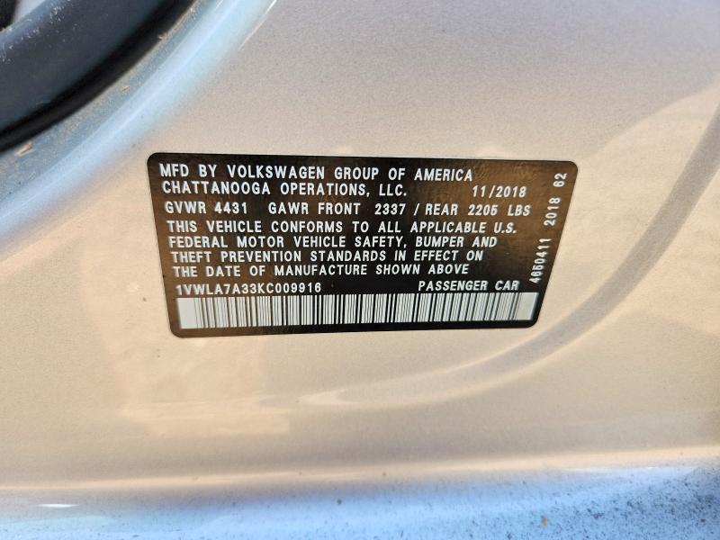 Aukcja sprzedaży 2019 Volkswagen Passat, vin: 1VWLA7A33KC009916, numer aukcji: 99360485