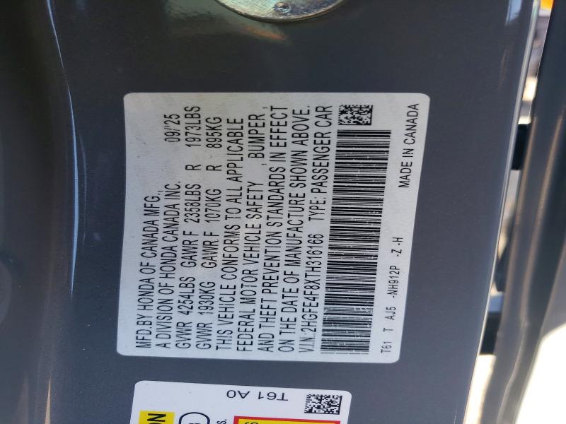 2026 Honda Civic მანქანა იყიდება აუქციონზე, vin: 2HGFE4F8XTH316166, აუქციონის ნომერი: 72362395
