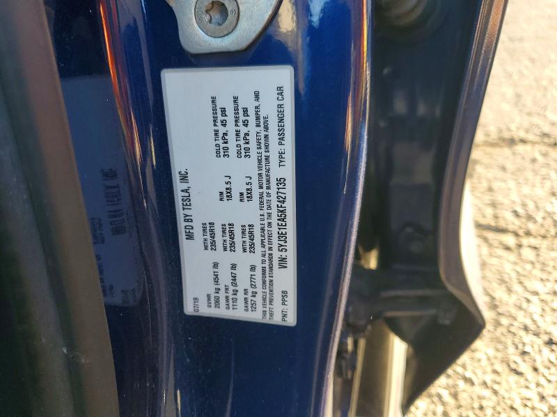 Aukcja sprzedaży 2019 Tesla Model 3, vin: 5YJ3E1EA5KF427135, numer aukcji: 72230025