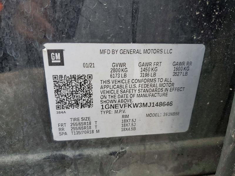 2021 Chevrolet Traverse მანქანა იყიდება აუქციონზე, vin: 1GNEVFKW3MJ148646, აუქციონის ნომერი: 73297075