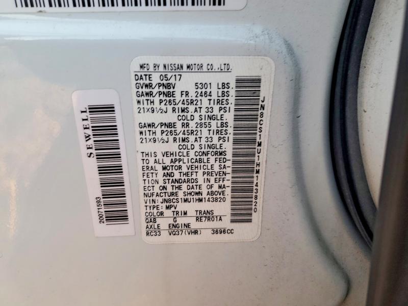 Aukcja sprzedaży 2017 Infiniti Qx70, vin: JN8CS1MU1HM143820, numer aukcji: 72886715