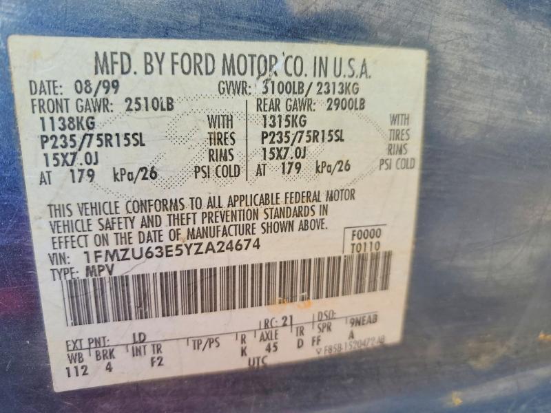 98401725 :رقم المزاد ، 1FMZU63E5YZA24674 vin ، 2000 Ford Explorer مزاد بيع