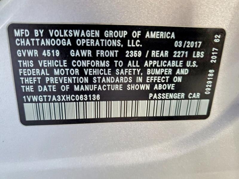 Aukcja sprzedaży 2017 Volkswagen Passat Se, vin: 1VWGT7A3XHC063136, numer aukcji: 99017265