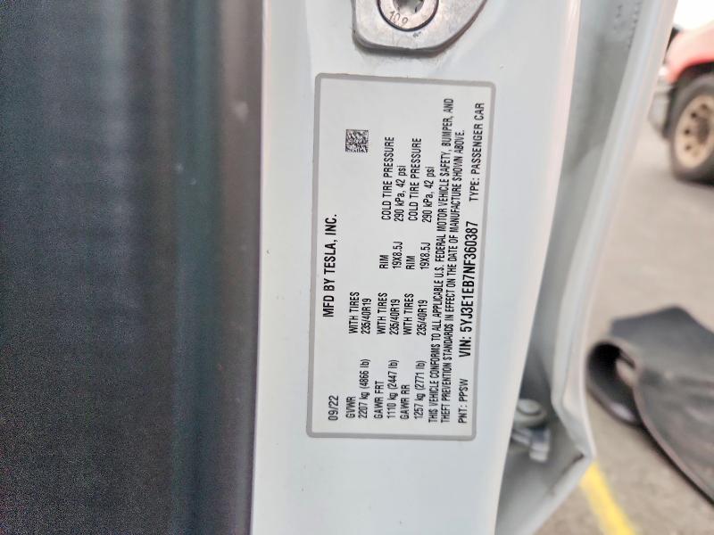 Aukcja sprzedaży 2022 Tesla Model 3, vin: 5YJ3E1EB7NF360387, numer aukcji: 73208485