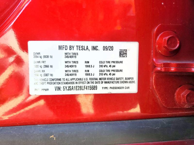 75182805 :رقم المزاد ، 5YJSA1E28LF415689 vin ، 2020 Tesla Model S مزاد بيع