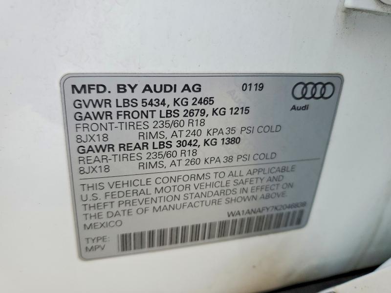 73103325 :رقم المزاد ، WA1ANAFY7K2046838 vin ، 2019 Audi Q5 مزاد بيع