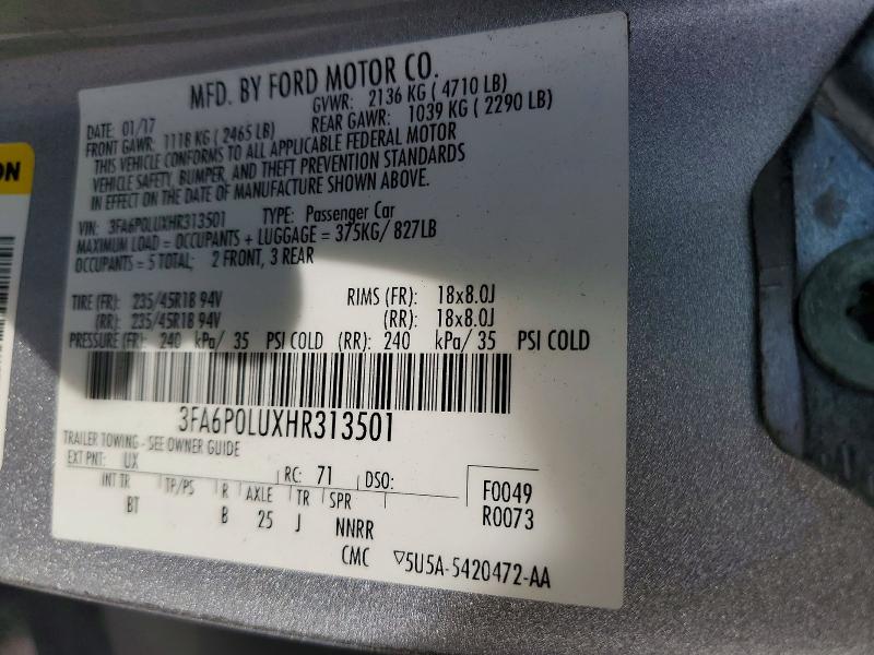 2017 Ford Fusion მანქანა იყიდება აუქციონზე, vin: 3FA6P0LUXHR313501, აუქციონის ნომერი: 74972355