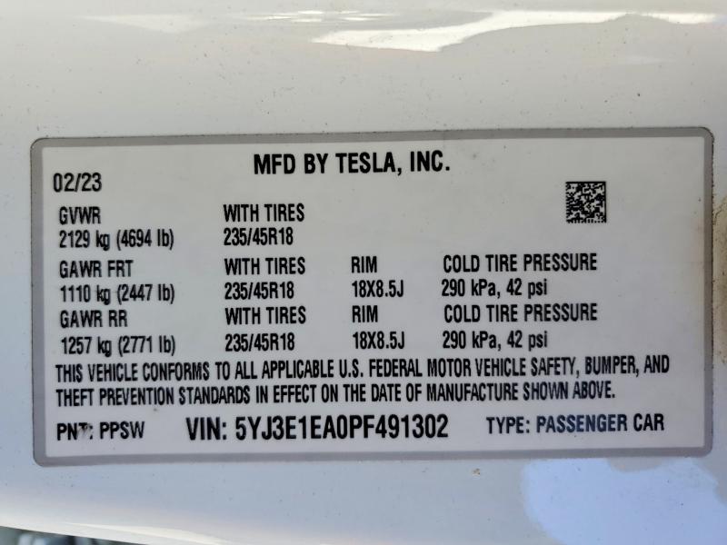 Aukcja sprzedaży 2023 Tesla Model 3, vin: 5YJ3E1EA0PF491302, numer aukcji: 73810505
