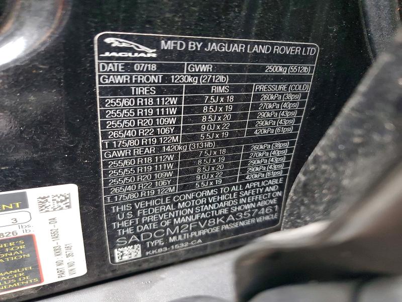 Продаж на аукціоні авто 2019 Jaguar F-pace, vin: SADCM2FV8KA357461, номер лоту: 72981245