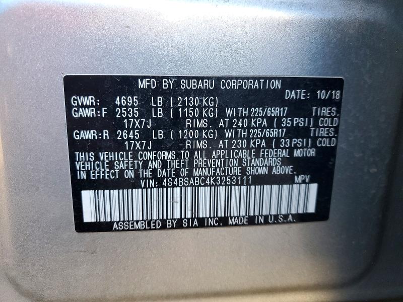 Aukcja sprzedaży 2019 Subaru Outback, vin: 4S4BSABC4K3253111, numer aukcji: 72550935