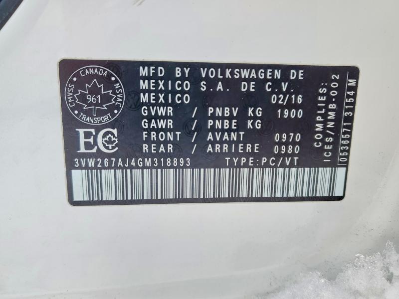 73977235 :رقم المزاد ، 3VW267AJ4GM318893 vin ، 2016 Volkswagen Jetta مزاد بيع